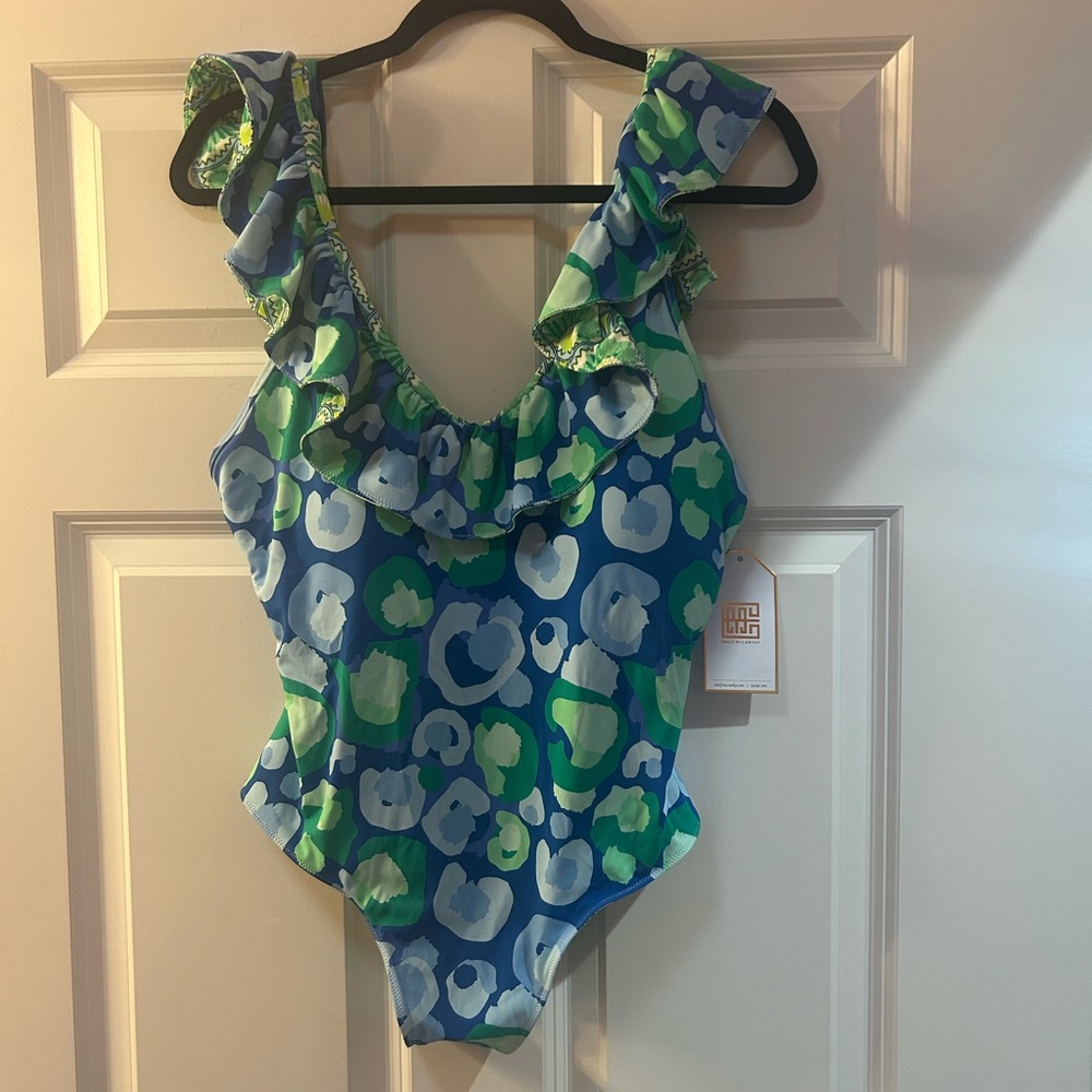 Emily McCarthy Blue and Green Ruffle Swimsuit!  Reversible!  NWT!  Size XL.